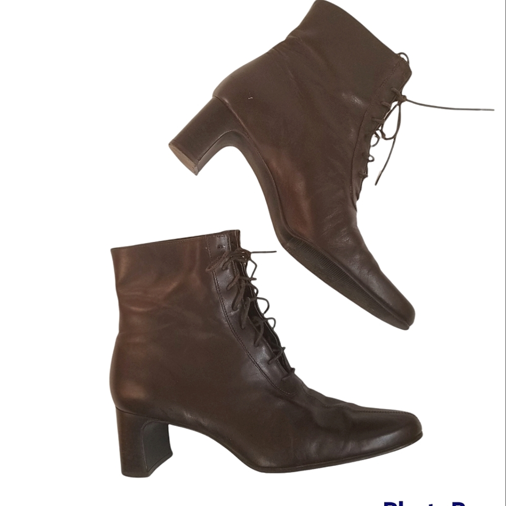 Eddie Bauer Size 8 M Lace-up Booties Heels Brown Leather Peasant Style Italy